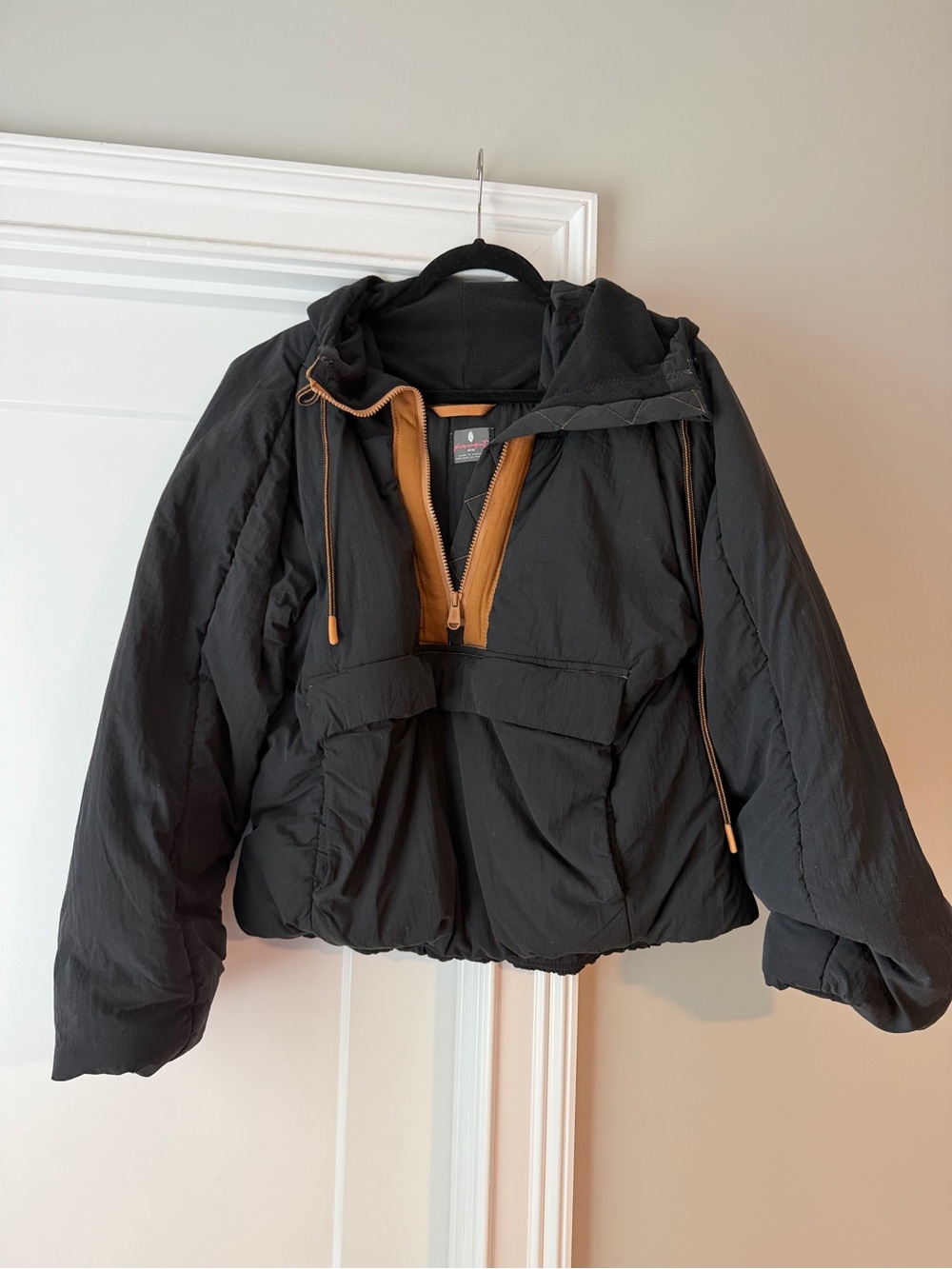 FP Movement by Free People Black Puffer Jacket with Tan Trim